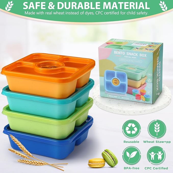 QQKO Bento Snack Box Containers for Adults Kids, 4 Pack Lunchable Meal Prep Containers Reusable, Stackable Bento Lunch Box, Food Storage Prep Containers with Lids and 4 Sauce Cups, Jewel Color
