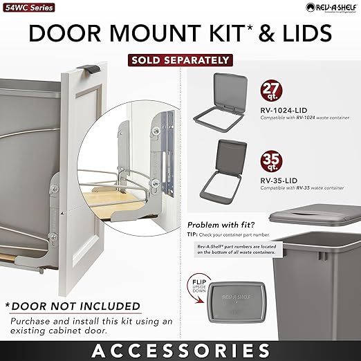 Rev-A-Shelf Steel Bottom Mount Double 35 Quart 8.75 Gallon Waste Bin Trash Container for Under Kitchen Cabinet with Soft Close, Gray, 54WC-1835SC-17-1