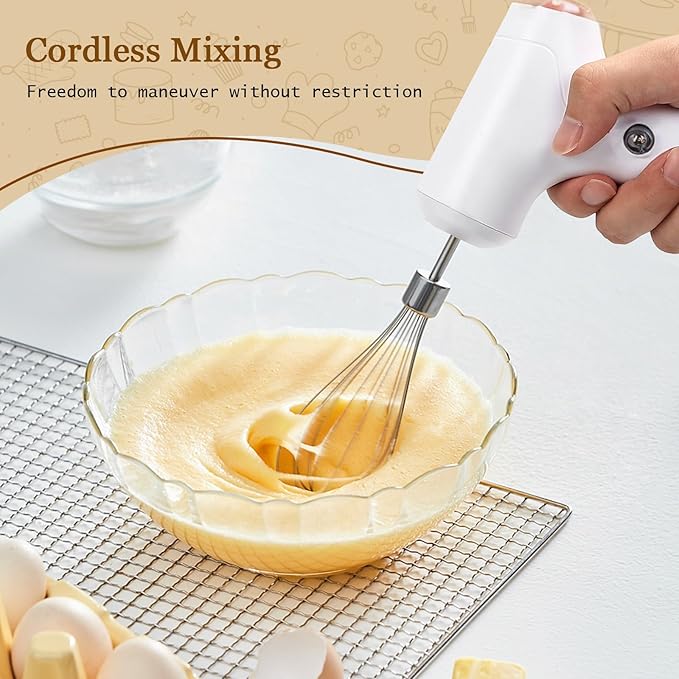 Cordless Hand Mixer, Handheld Electric Whisk with 3 Speed Modes, Hand Held Egg Beater with 2 Detachable Stir Whisks (White Silver)