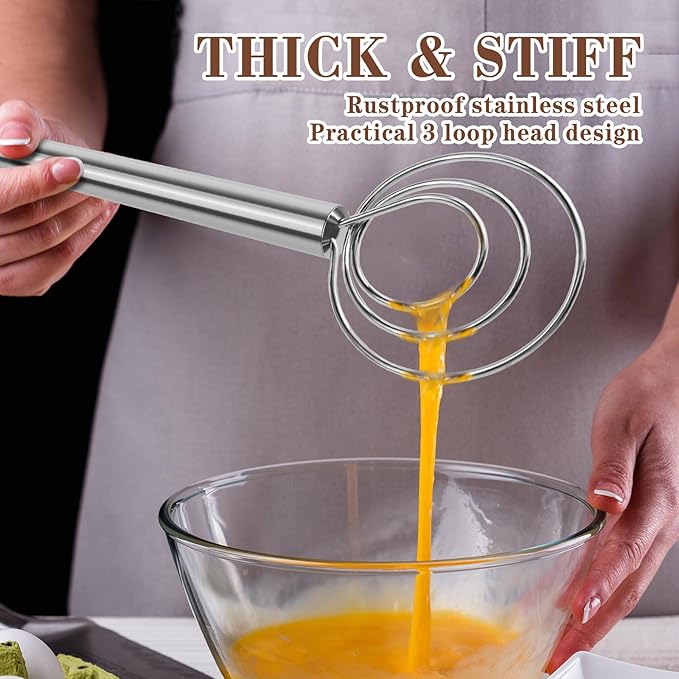 TEEVEA Danish Dough Whisk with Stainless Steel Hook Dutch Style Bread Mixer for Sourdough Baking Tools
