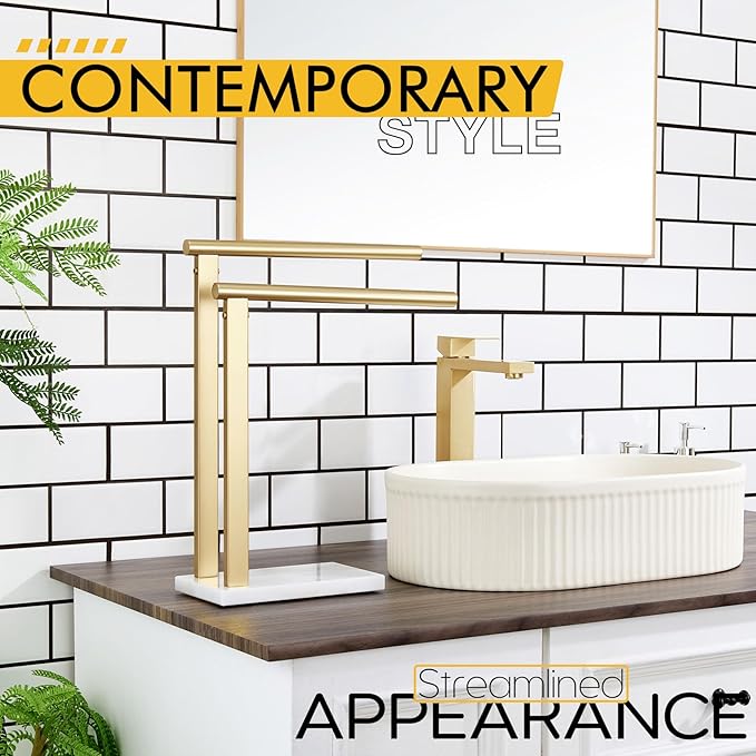 KOKOSIRI Hand Towel Rack Standing Towel Rails 2-Tier with Marble Base for Bathroom Vanity Countertop, Brushed Gold Stainless Steel 15.7'' Height THS0007-BG