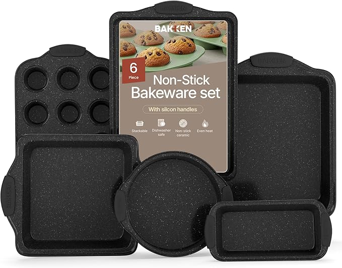 BAKKENMaster 6-Piece Nonstick Gray Marble Coated Bakeware Set - Professional Quality Carbon Steel Pans with Silicone Handles - Ideal for Oven, Refrigerator, Freezer - Dishwasher Safe