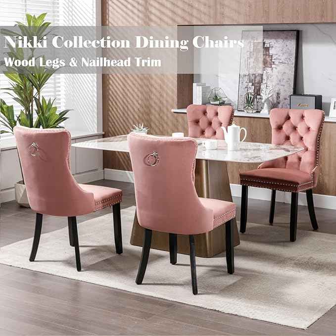 Pink Velvet Dining Chairs Set of 6, Upholstered Dining Room Chairs with Back Ring Pull Trim and Solid Wood Legs, Tufted Wingback Kitchen Chairs for Dining Room,Living Room,Kitchen(Pink)
