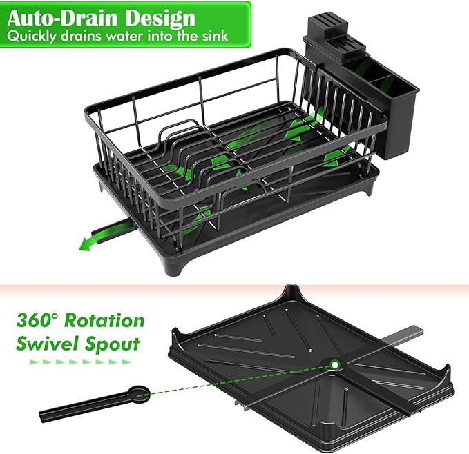 Kmiectse Dish Drying Rack - Space-Saving Small Dish Rack for Kitchen Counter, Rust-Resistant Kitchen Drying Rack, Compact Dish Drainer Organizer with Utensil Holder for Home Kitchen, Black