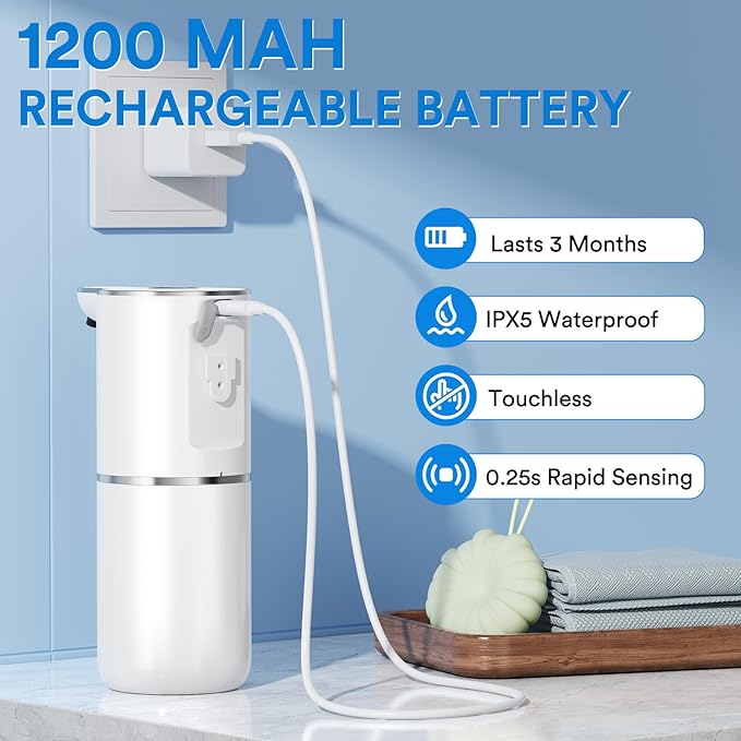 Automatic Foaming Soap Dispenser Touchless, Rechargeable Electric Hand ＆ Dish Soap Dispenser for Bathroom and Kitchen - Smart Digital Display, 6 Adjustable Level, 380ml, Wall Mounted, IPX5