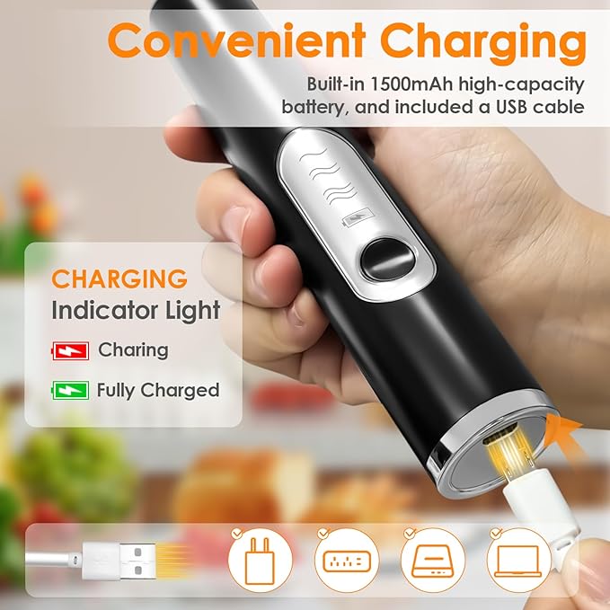 Milk Frother Handheld, Rechargeable Coffee Frother Wand with 2 Stainless Whisks 3 Speeds, Drink Mixer, Electric Foam Maker, Hand Mixer for Lattes, Cappuccino, Matcha, Egg, Black