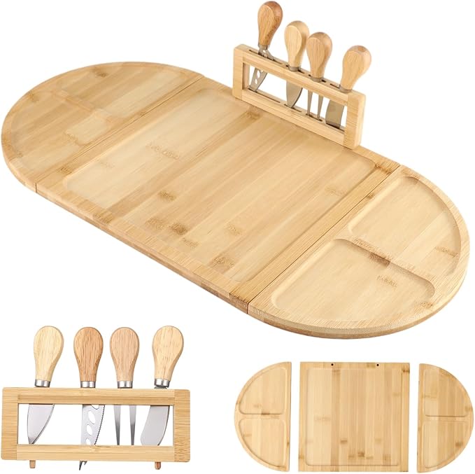 Bosreroy Wood Cheese Board And Appetizer Serving Tray, Detachable 22.8 X 11.5 In Charcuterie Platter, With Knives, Serving Board For Parties And Gatherings
