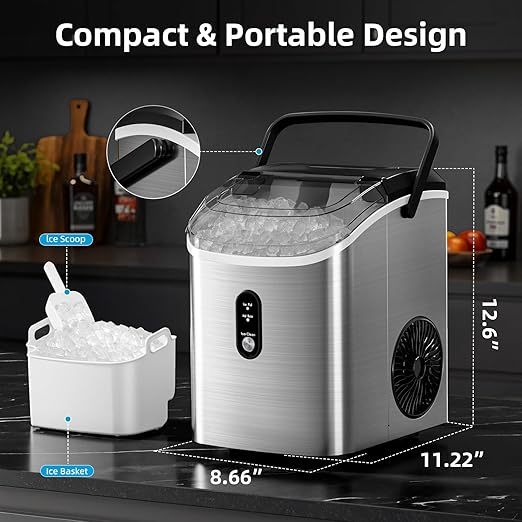 Antarctic Star Nugget Ice Maker Countertop, Soft Chewable Ice, Portable Sonic Ice Maker with Basket and Scoop, Removable Top Cover, Auto-Cleaning for Home/Party/RV/Camping (Stainless Steel Silver)