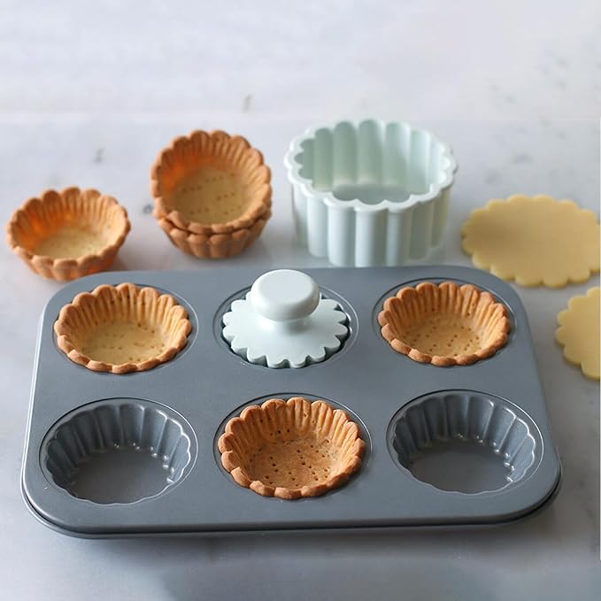 2 Pack Mini Tart Pan, 2.75" Egg Tart Molds 6-Cavity Non Stick Fluted Mini Tart Mould, Reusable Quiche Bakeware Carbon Steel for Pies, Quiche, Cheese Cakes, Desserts(Not Included Cutting Mold)