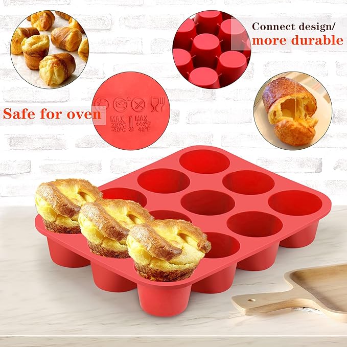Vodolo 12-Cup Silicone Professional Non-Stick Popover Pans for Muffins, Brownies and Baking