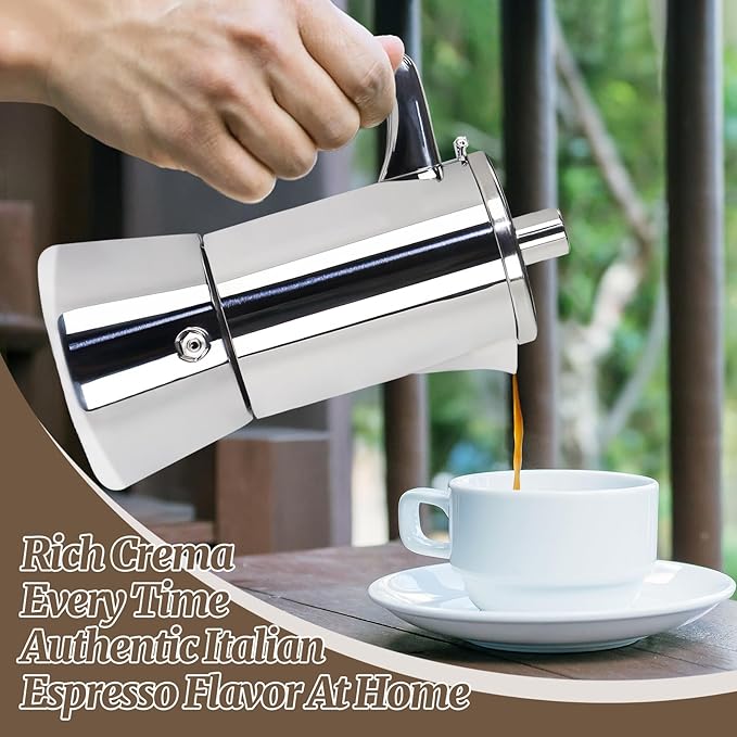 4 Cup Thickened Moka Pot 304 Stainless Steel 200ml Italian Espresso Coffee Maker Stovetop CoffeeMakers Mocha Pot Percolator for Induction Stove Classic Cafe Makers Portable for Easy Brewing