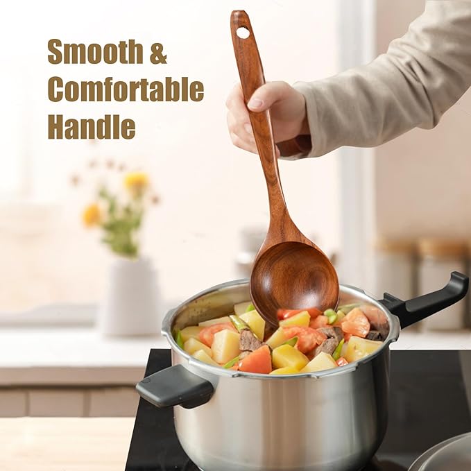 Large Wooden Spoons for Cooking, 2-Piece Premium Teak Wooden Utensils for Cooking, Heavy-Duty & Heat Resistant, 13.7"L x 3.7"W