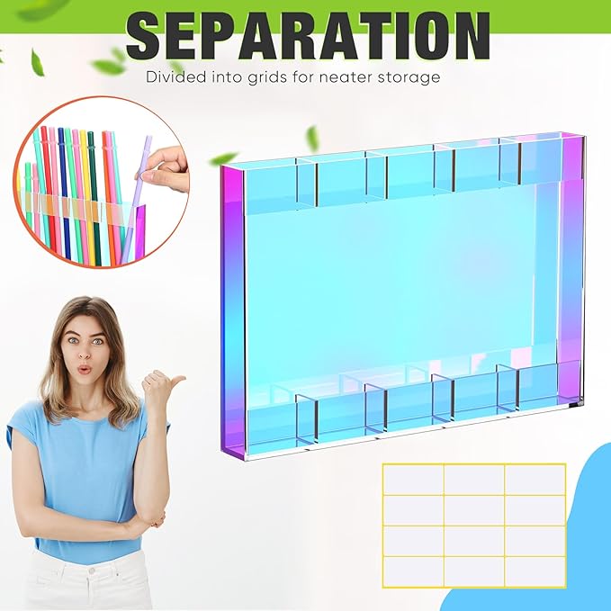 Qinyoung Acrylic Straw Holder for Cabinet Door with Double Sided Adhesive Tape Reusable Straw Organizer Tumbler Storage Kitchen Accessories Container for Counter Cupboard(Classic,Large,Iridescent)