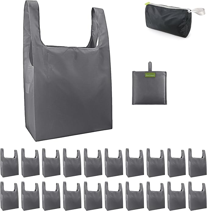 BeeGreen Grey Reusable Shopping Bags Wholesale Gray Reusable Grocery Bags Bulk Foldable-Machine Washable with Zipper Storage Pouch 20 Pieces