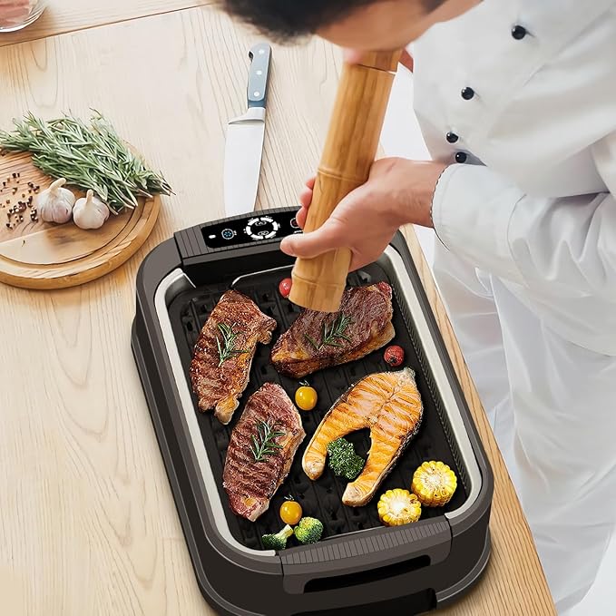 Indoor Smokeless Grill, Techwood 1500W Electric Indoor Grill with Tempered Glass Lid, Portable Non-stick BBQ Korean, Turbo Smoke Extractor Technology, Drip Tray& Double Removable Plate, Black