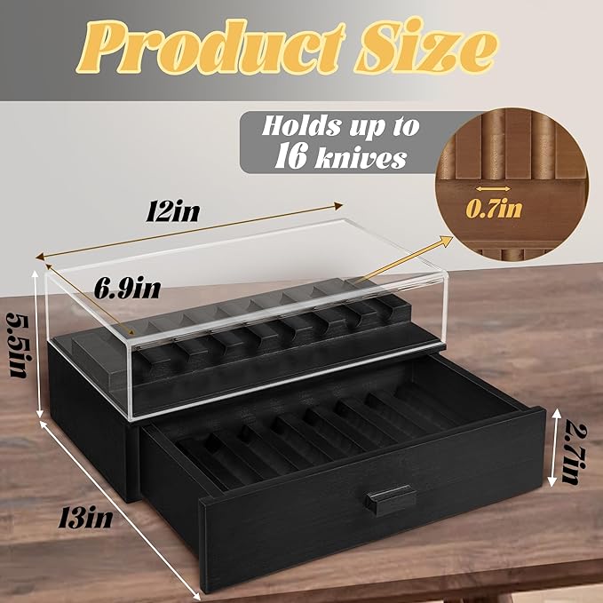Knife Display Case,2 Tier Wooden Pocket Knife Collection Case with Acrylic Lid, Pocket Knife Storage Drawer Organizer, Black