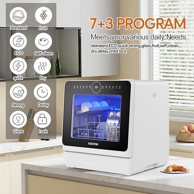 Portable Dishwashers for Camping and Home with 5l Water Tank, Hose, LED Light, 10 Wash Programs, Baby Care Mode, Dual Water Supply and 1h Hot Air Drying