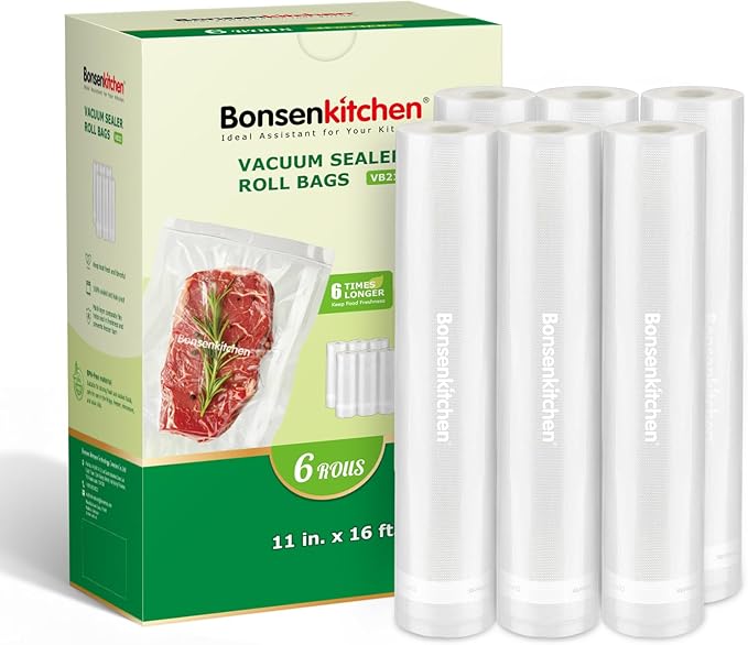 [2025 Upgraded] Bonsenkitchen 6 Rolls 11" x 16' Vacuum Sealer Bags for Food with a Color Box, Easy to Store, Commercial Grade, BPA Free, Great for Food Storage or Sous Vide, VB21