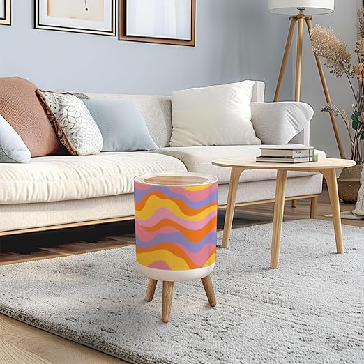 Trash Can with Lid Groovy retro seamless Disco wavy rainbow for trendy funky prints Press Top Round Small Garbage Bin with Wooden Legs Waste Basket for Kitchen Bedroom Nursery 7L/1.8 Gallon