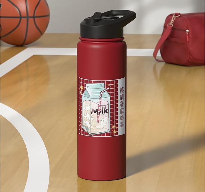 Japanese Kawaii Strawberry Milk Carton Vaporwave Grid Stainless Steel Insulated Water Bottle