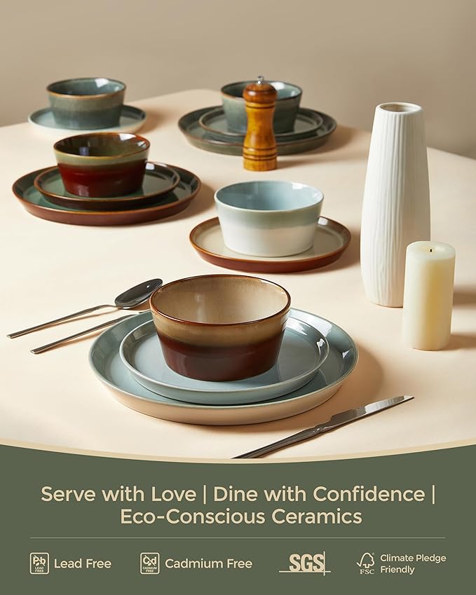 Pokini Dinnerware Sets, Microwave Safe Plates and Bowls Sets, Dishes Set for 4, Chip & Scratch Resistant Dinner Set, Reactive Glazed Farmhouse Dishware Sets, Green Wheat