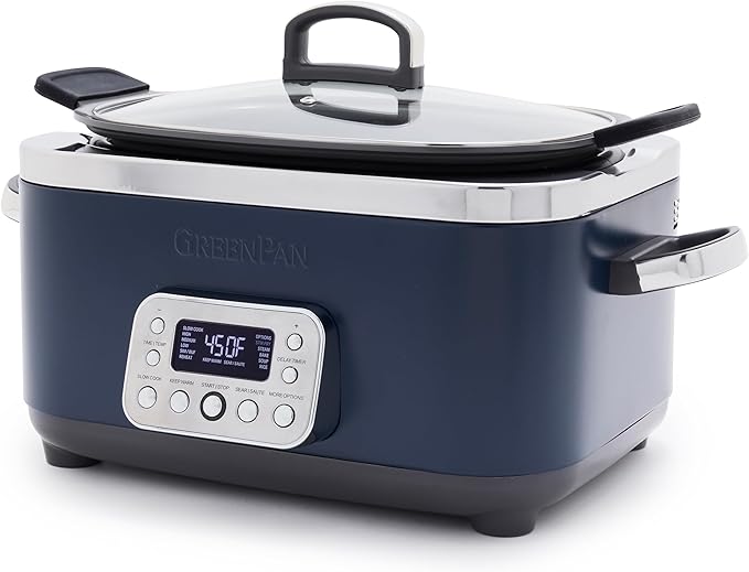 GreenPan Elite 14-in-1 Nonstick 6QT Electric Slow Cooker, PFAS-Free Ceramic Multi-Cooker, In-Pot Browning, Dishwasher Safe Lid & Removable Crock, Stainless Steel Steamer, Silicone Handles, Oxford Blue