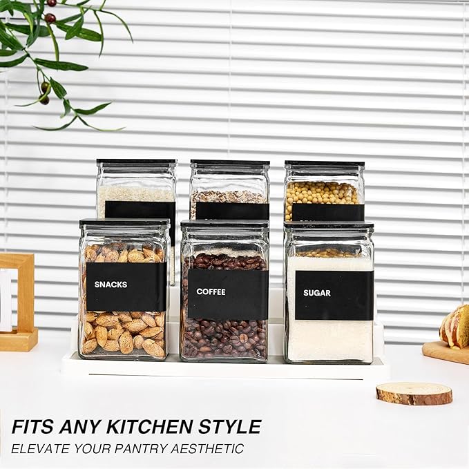 Glass Storage Jars with Bamboo Lids, 27oz Square Food Storage Containers for Kitchen Pantry Organization, Storage Canisters with Labels for Cereal Flour Beans Tea, Large Spice jars Seasoning Bottles