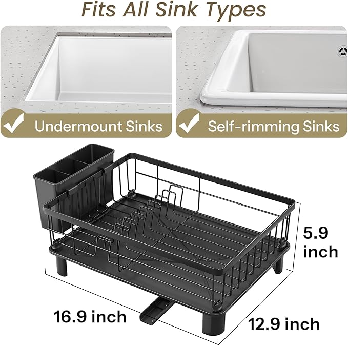 SNTD Dish Drying Rack - Small Dish Rack for Kitchen Counter, Stainless Steel Dish Drainer with Utensil Holder and Drainboard, 12.9" W x 16.9" L (Black)