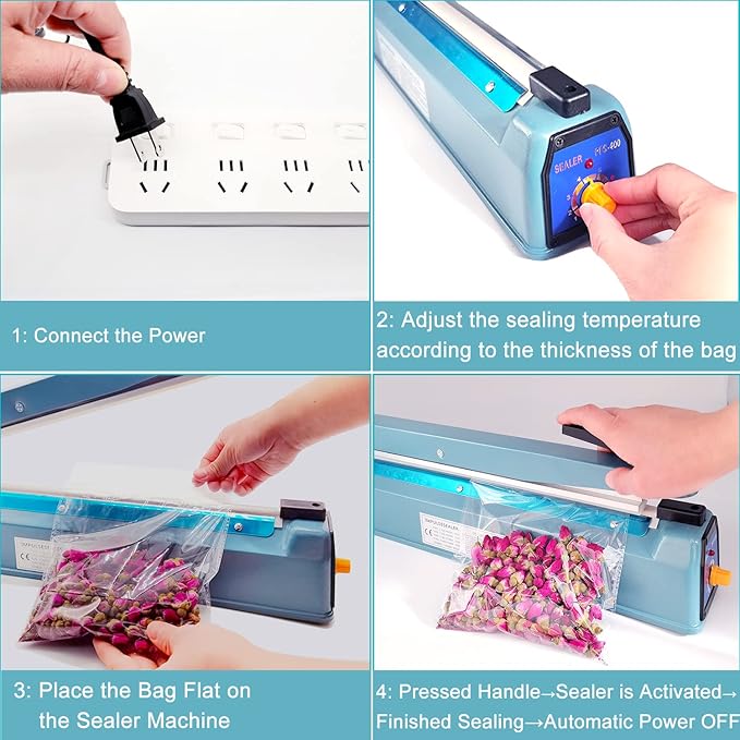 Impulse Sealer 16 inch Heat Sealer for Plastic Bags, Metal Plastic Bag Sealer Heat Seal, Mylar Bag Sealer, Manual Poly Bag Hot Seal Sealing Machine with 4 Repair Kit(2 Cutting Lines Included)