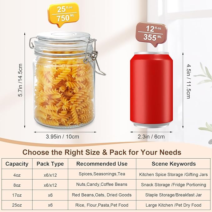 Glass Jars with Airtight Lids, 26oz Glass Storage Jars Set of 6, Thick Food Storage Containers for Pantry Organization, Kitchen Counter, Coffee, Pasta, Cereal