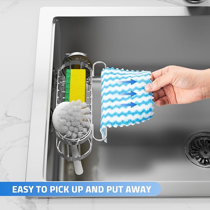 Cisily Kitchen Sink Caddy Sponge Holder in The Sink, Stainless Steel Kitchen Sink Organizer, Brush Holder, Dish Cloth Hanger, Sink Stopper Holder with 2 Installation Ways (Suction & Adhesives, Silver