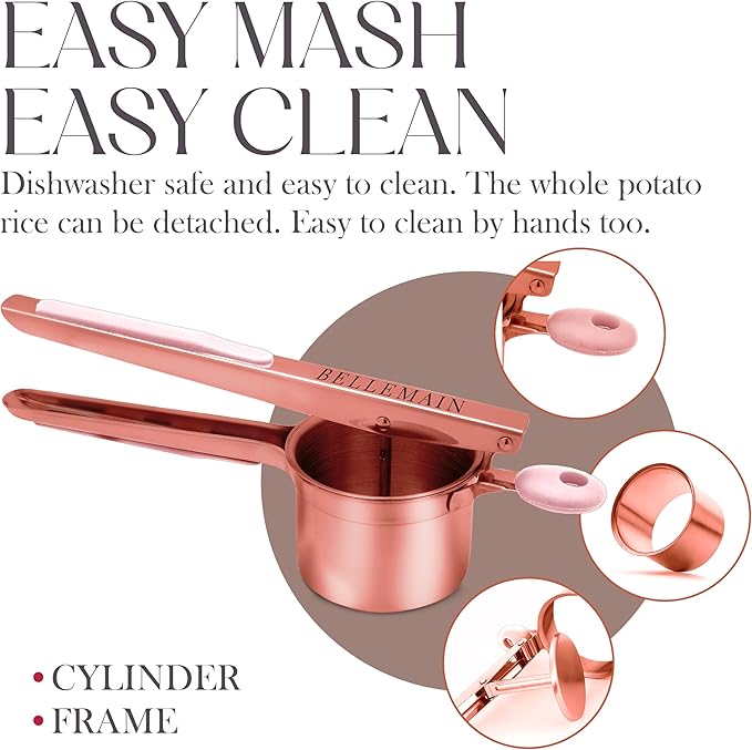 Bellemain 15 oz Large Potato Ricer | Heavy-Duty Stainless Steel Potato Ricer & Masher | Perfect for Mashed Potatoes | Ricer Kitchen Tool with Fixed Disc (Rose Gold Pink)