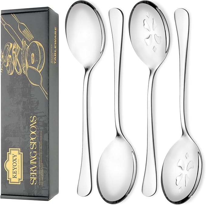 4 Piece Stainless Steel Serving Spoon Set - 2 Large, 2 Slotted,Dishwasher Safe,10-Inch, for Parties/Kitchen/Buffet/Catering