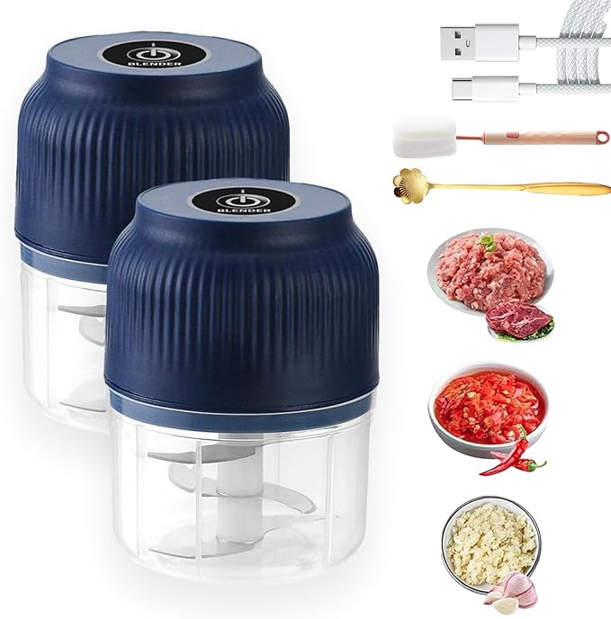 Electric Garlic Chopper, Mini Portable Veggie Chopper, Electric Onion Grinder with 6 Sharp Blade, Mini Food Processor with Container for Mashing Onion, Garlic, Chili, Ginger (2PCS*Blue)