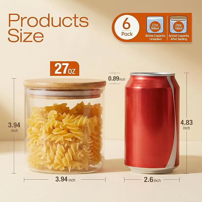 HomArtist Glass Jars with Bamboo Lids 27 FL OZ [Set of 6], Glass Canisters with Airtight Lids, Glass Food Storage Containers for Coffee, Sugar,Tea, Candies, Cookies,Best for Kitchen & Pantry