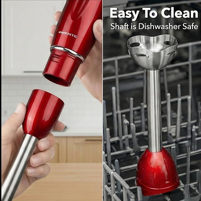OVENTE Immersion Hand Blender, 300W Electric Handheld Stick Mixer with 2 Mixing Speeds and Stainless Steel Blades for Smoothies, Purees & Baby Food, Red HS560R