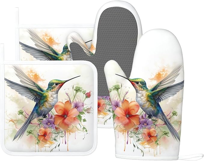 Oven Mitts and Pot Holders Watercolor Hummingbird Flower Silicone Kitchen Accessories Set of 4 Heat Resistant Long Gloves Potholder Non-Slip Grip for Chef Cooking Baking Grilling BBQ