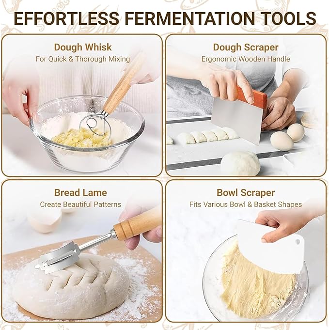 9 Inch Round Sourdough Proofing Basket, 7-Piece Complete Starter Kit with Linen Liner & Baking Tools, Bread Baking Supplies & Accessories Gift Set, Local Warehouse Shipment (1 Pack)