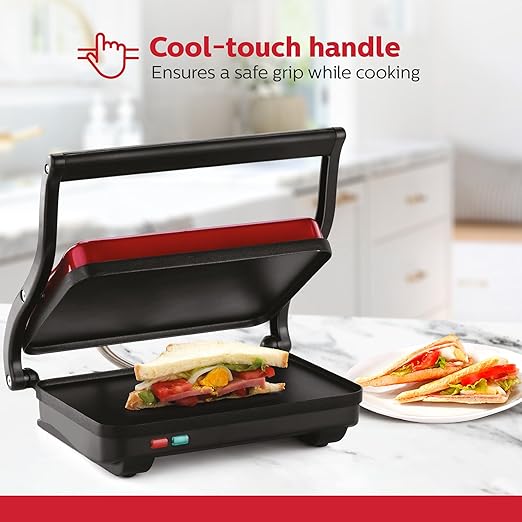 Holstein Housewares 2-Slice Electric Griddle, Non-Stick Sandwich Maker with Adjustable Temperature, Cool-Touch Handle, Metallic Red