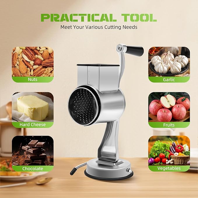 Rotary Cheese Grater Vegetable Potato Slicer Upgrade Stainless steel Rotary Handheld Grater Food Grater with 5 Blades for Vegetable Chesse Chocolate
