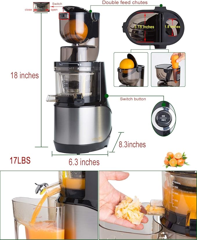 Masticating Juicer,Whole Slow Juicer Extractor by Vitalisci,Cold Press Juicer Machine,Anti-Oxidation for Fruit and Vegetable,Easy to Clean and BPA Free,(300W AC Motor/3.15" Wide Chute/40 RPMs)-Silver