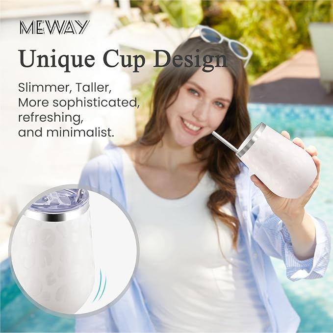 MEWAY 12oz Insulated Wine Tumbler with Press-In Lid, Double Wall Vacuum Stainless Steel Travel Tumbler with Straw,Travel Cup for Coffee and Drinks, Gift for Woman Under 10 dollars(Almond Leopard,1)