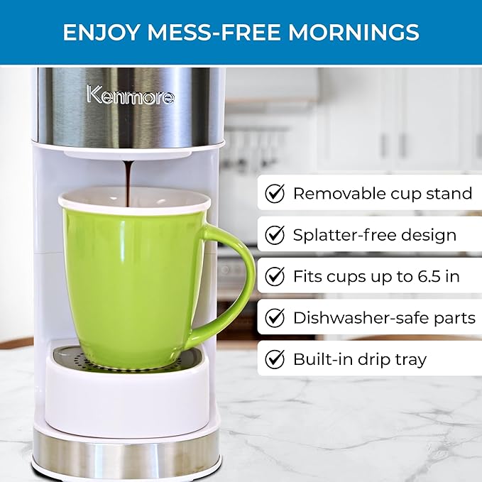 Kenmore Single Serve Coffee Maker – Compatible with Keurig K‑Cup Pods & Ground Coffee, One Cup Brewer, 6–12 Oz Brew Sizes, Travel Mug Friendly, Auto Shut‑Off, Hot & Iced Maquina de cafe, White