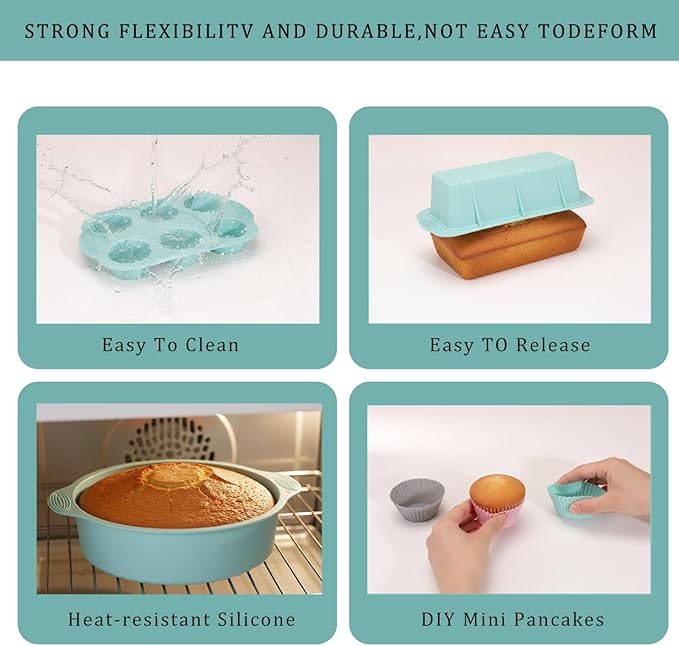 25 PCS Silicone Baking Pans Set, Nonstick Bakeware Sets with Round/Square Cake Pans, Muffin Pan, Baking Cups and Spoons for Bread, Cupcakes and Desserts