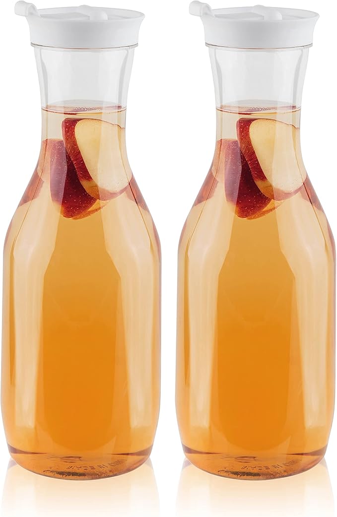 Clear Plastic Water Pitchers Carafes with Flip top White Lids 50 OZ Heavy Duty Beverage Pitcher Jug for Juice or iced Coffee Great for Mimosa bar Restuarants ot Schools Pack of 2
