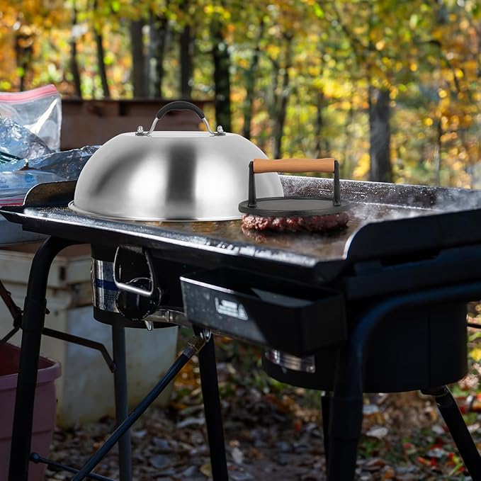 SHINESTAR Cast Iron Burger Press with 12-Inch Melting Dome for Blackstone Griddle, Smash Burger Press & Basting Cover Set, Flat Top Grill Accessories for Bacon, Cheese Melting, Indoor Outdoor Cooking
