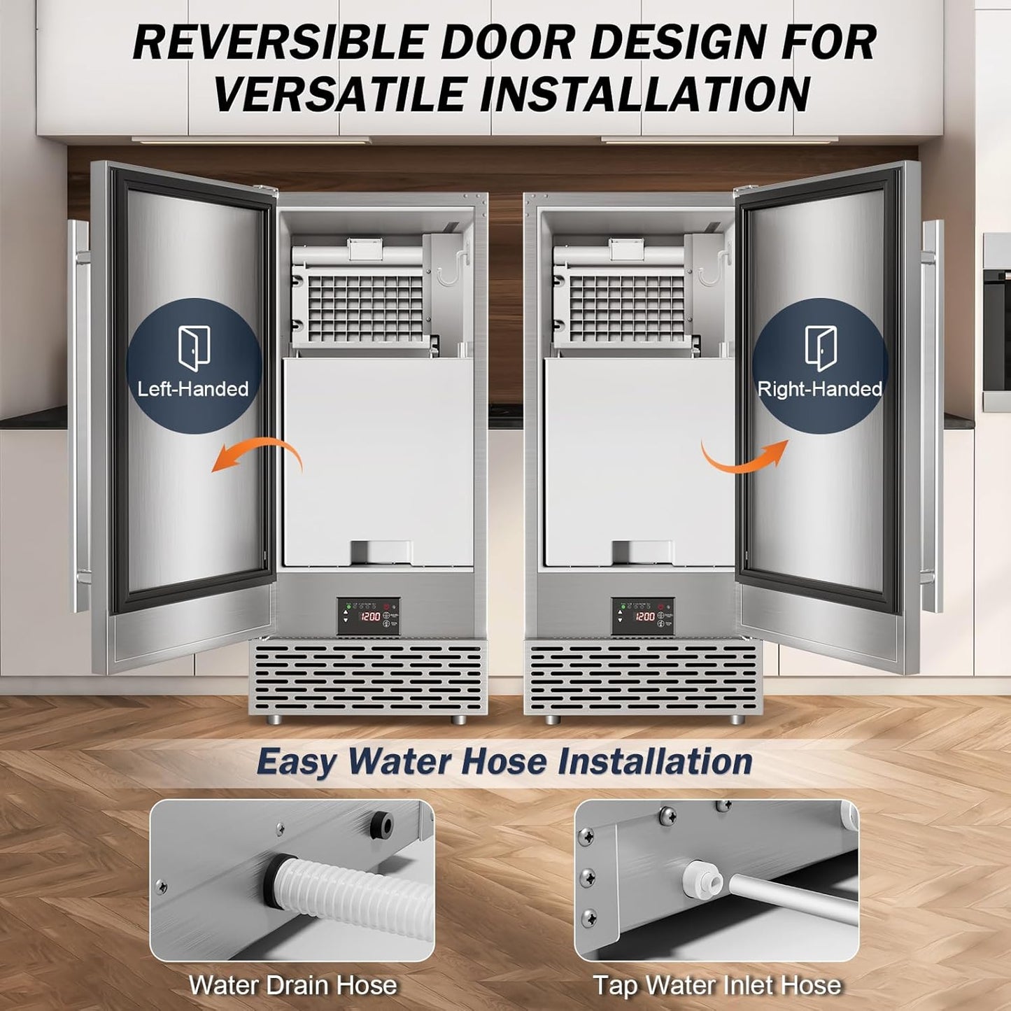 Under Counter Ice Maker Machine - 120 LBS/Day, Built in/Freestanding Placed, Auto-Cleaning,Reversible Door, Built 25LBS Ice Storage, Stainless Steel Ice Machine for Home & Commerial Outdoor Use
