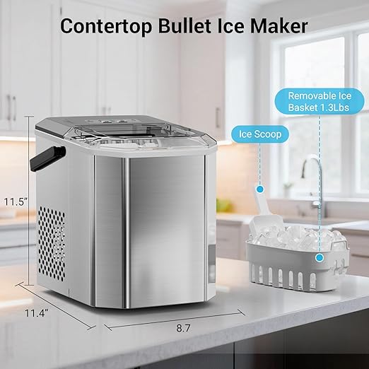 Portable Ice Maker Countertop with WiFi, 9 Cubes Ready in 6 Mins, 28lbs/Day, 2 Sizes of Bullet, Self-Cleaning Ice Machine with Ice Scoop and Basket Home Kitchen Office Bar Party