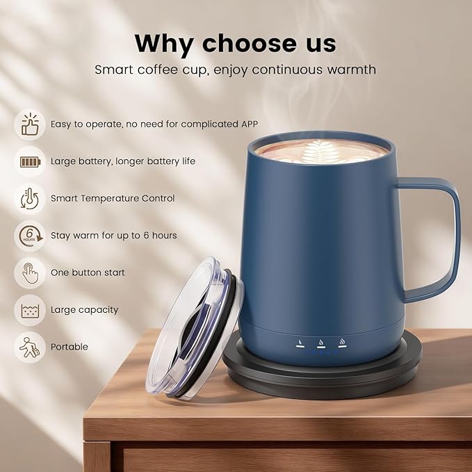 Smart Self Heating Coffee Mug,14oz Temperature Control Coffee Mug,Hot up to 150°F,Rechargeable Heated Coffee Mug,Up to 6H Battery Life,Coffee Cup Warmer,Great Gift for Coffee Lovers,Dad,Mom (Blue)