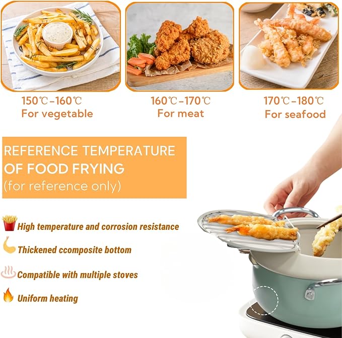 ZOOFOX Deep Fryer Pot with Thermometer, Japanese Frying Pot with Lid and Oil Drain Rack, Non-stick Tempura Fryer Pan for Kitchen French Fries, Chicken, Seafood
